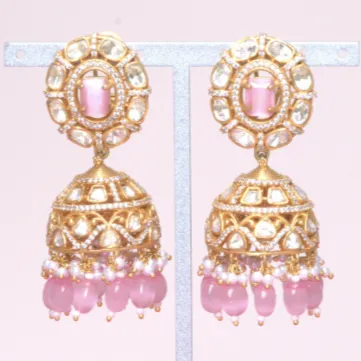 Aishwarya Yellow Gold Statement Jhumkas Pink Jaipur Rose Designer Indian Jewelry