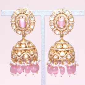 Aishwarya Yellow Gold Statement Jhumkas Pink Jaipur Rose Designer Indian Jewelry