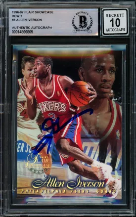 Allen Iverson Autographed 1996-97 Flair Showcase Rookie Card #Row 1 Philadelphia 76ers Auto Grade Gem Mint 10 Beckett BAS #14866805