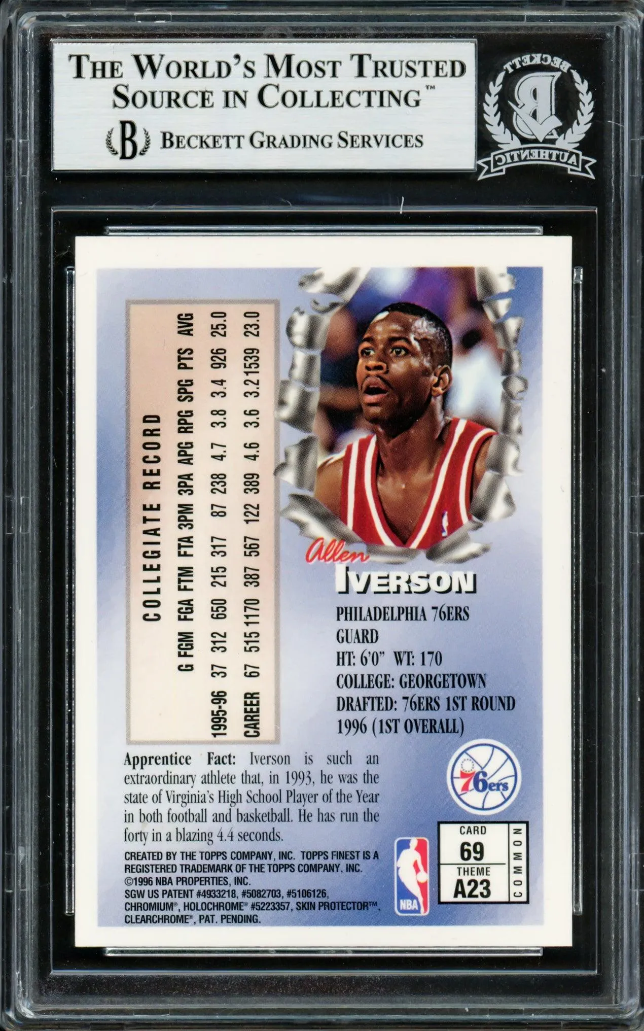 Allen Iverson Autographed 1996-97 Topps Finest Rookie Card #69 Philadelphia 76ers Beckett BAS #14133952