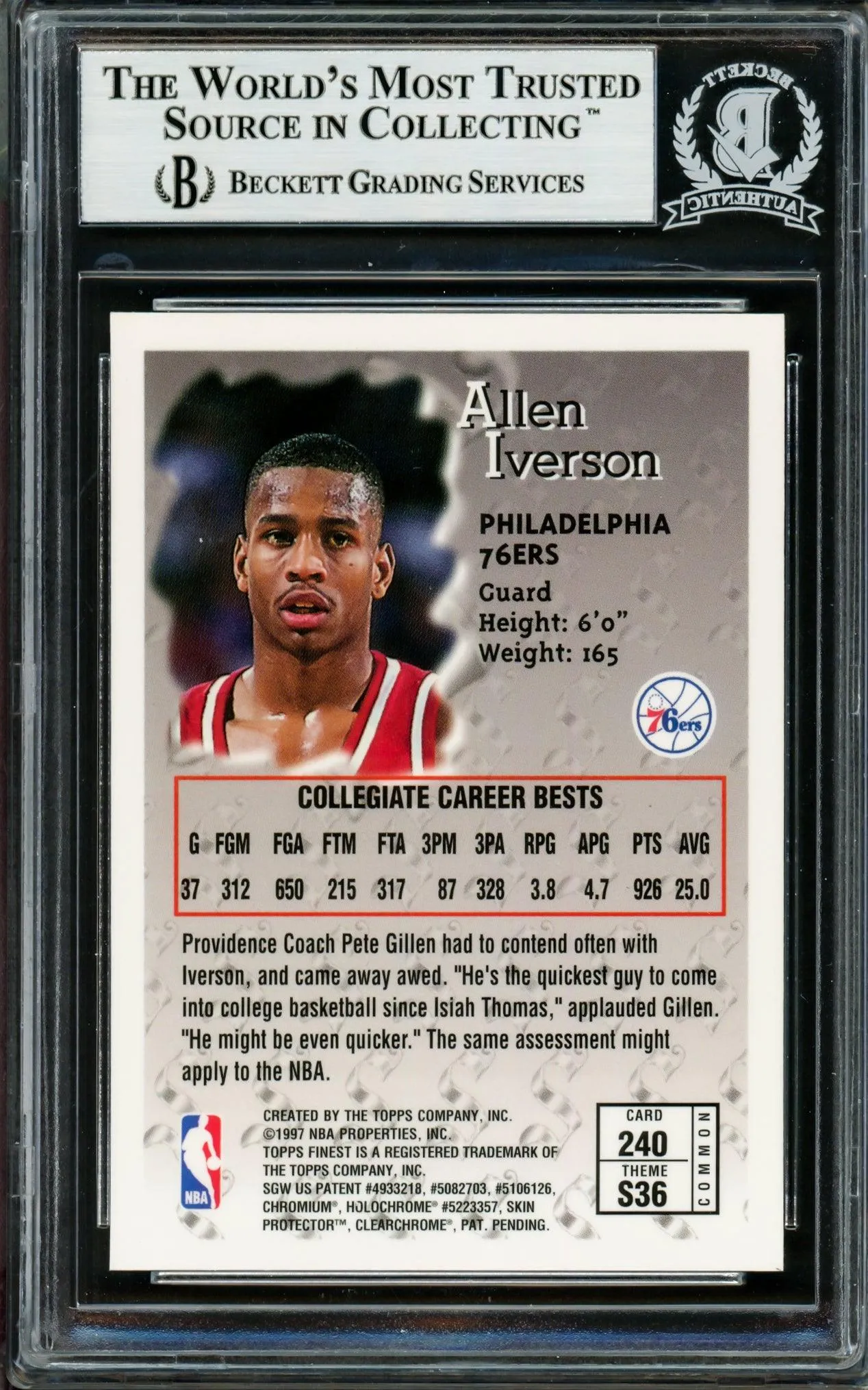 Allen Iverson Autographed 1996-97 Topps Finest Sterling Rookie Card #240 Philadelphia 76ers Beckett BAS #14133955