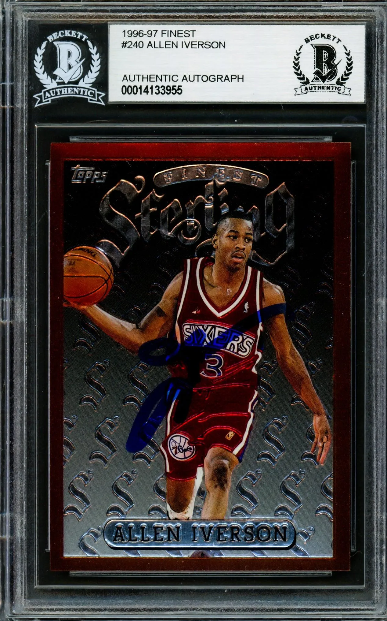 Allen Iverson Autographed 1996-97 Topps Finest Sterling Rookie Card #240 Philadelphia 76ers Beckett BAS #14133955