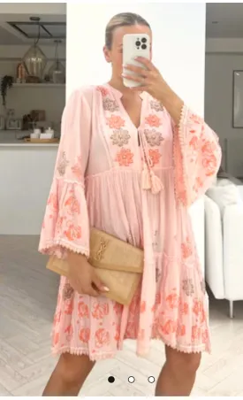 BOHO STYLE  EMBROIDERED V DEEP NECK DRESS PINK