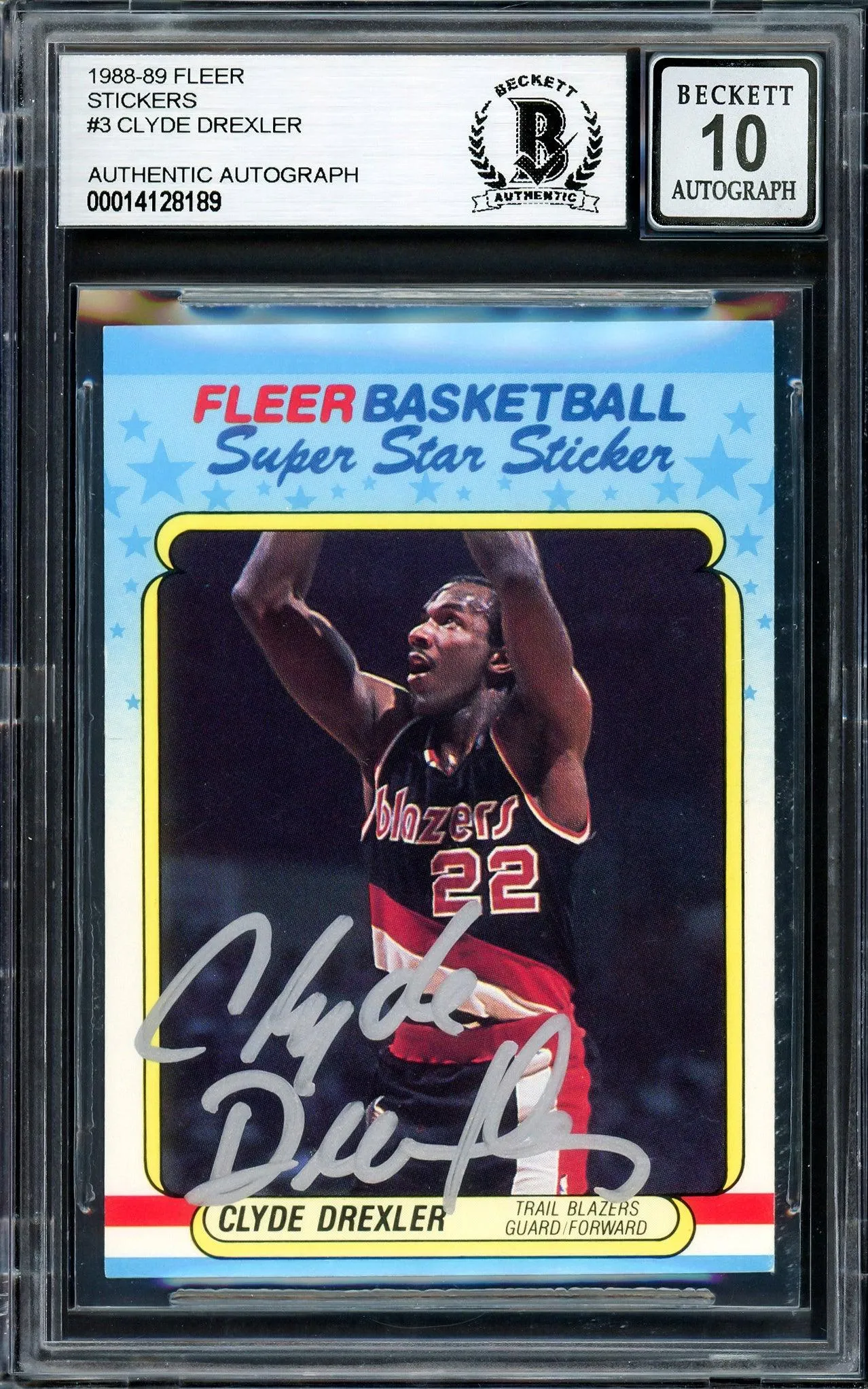 Clyde Drexler Autographed 1988-89 Fleer Stickers Card #3 Portland Trail Blazers Auto Grade Gem Mint 10 Beckett BAS Stock #205735