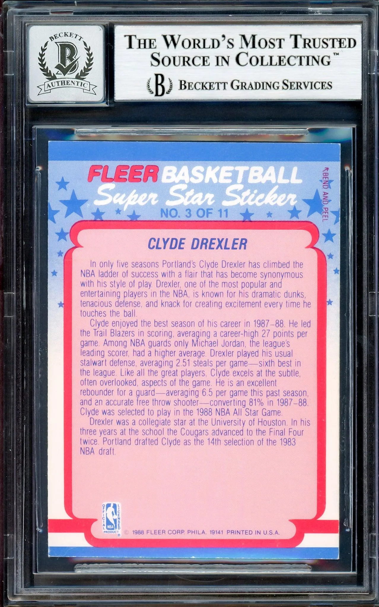 Clyde Drexler Autographed 1988-89 Fleer Stickers Card #3 Portland Trail Blazers Auto Grade Gem Mint 10 Beckett BAS Stock #205735