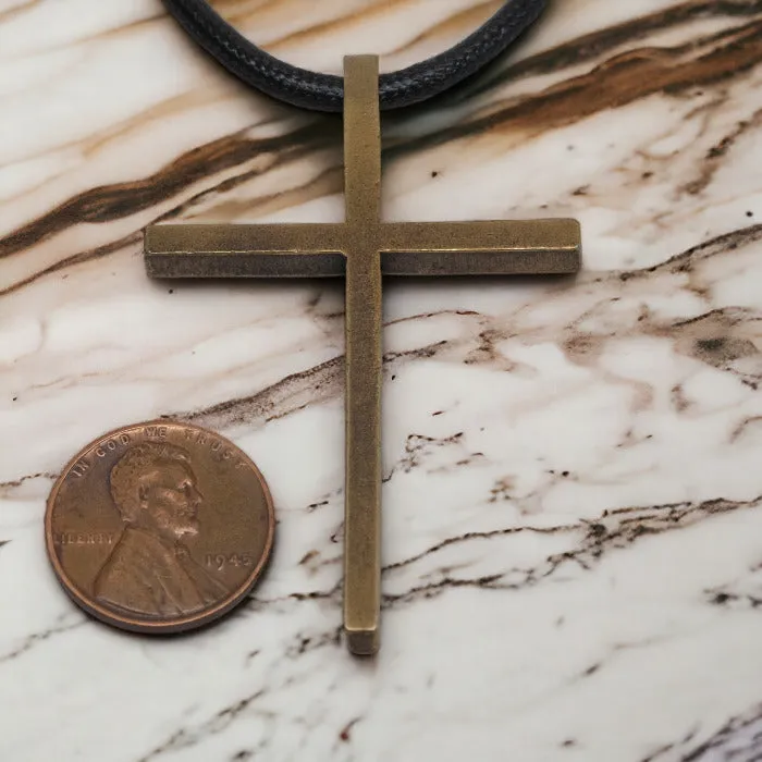 Cross Large Antique Brass Metal Finish Black Cord Necklace