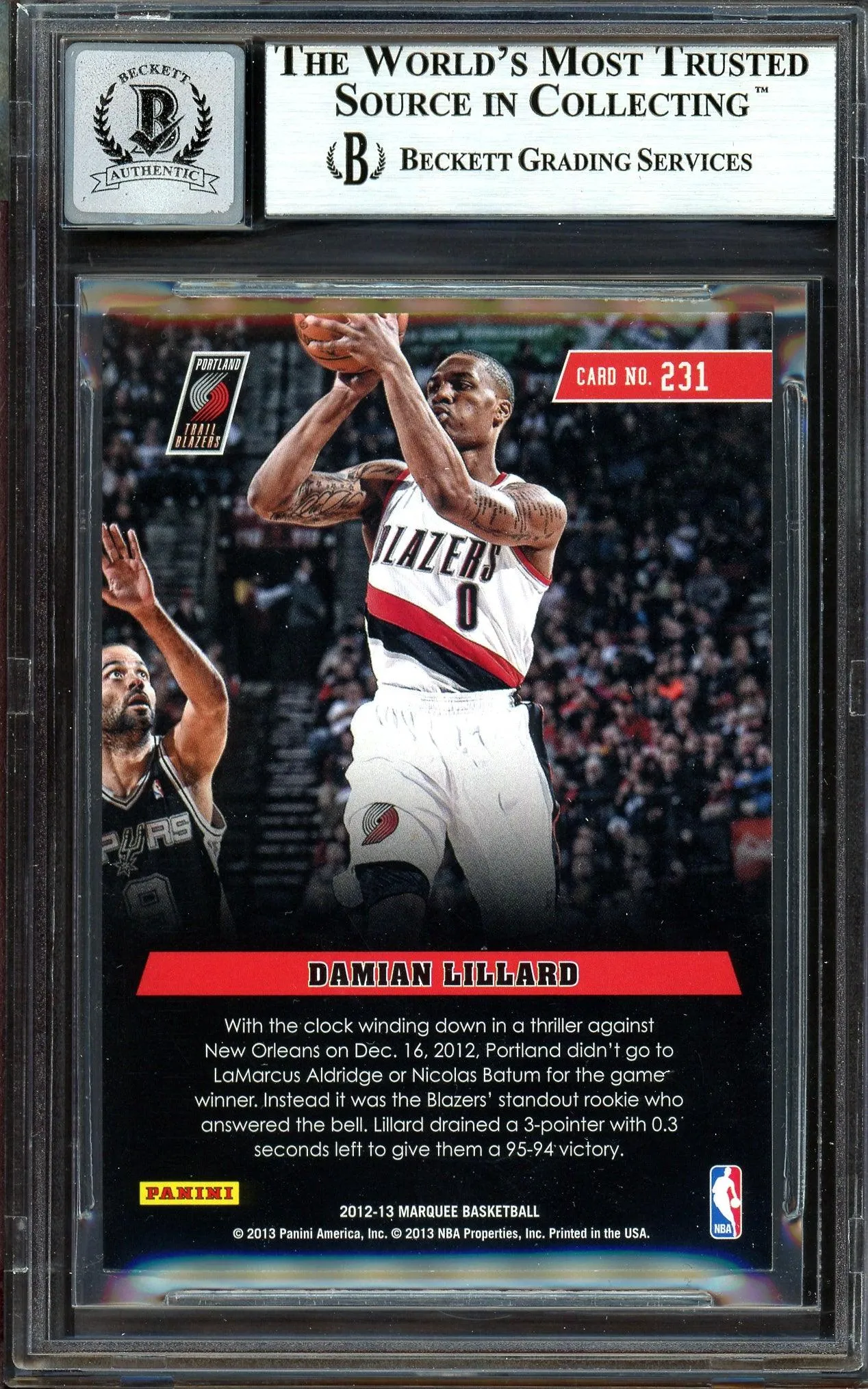 Damian Lillard Autographed 2012-13 Panini Marquee Rookie Card #231 Portland Trail Blazers Auto Grade Gem Mint 10 Beckett BAS #13605378