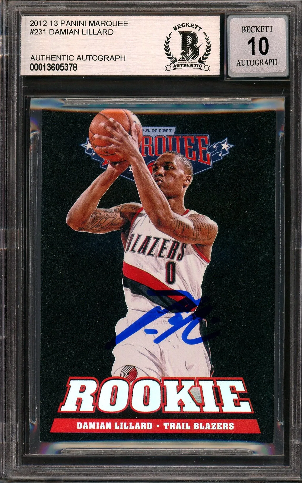 Damian Lillard Autographed 2012-13 Panini Marquee Rookie Card #231 Portland Trail Blazers Auto Grade Gem Mint 10 Beckett BAS #13605378