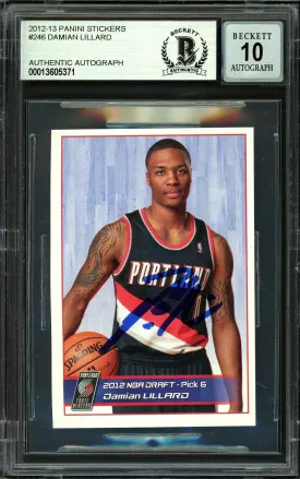 Damian Lillard Autographed 2012-13 Panini Stickers European Rookie Card #246 Portland Trail Blazers Auto Grade Gem Mint 10 Beckett BAS #13605371