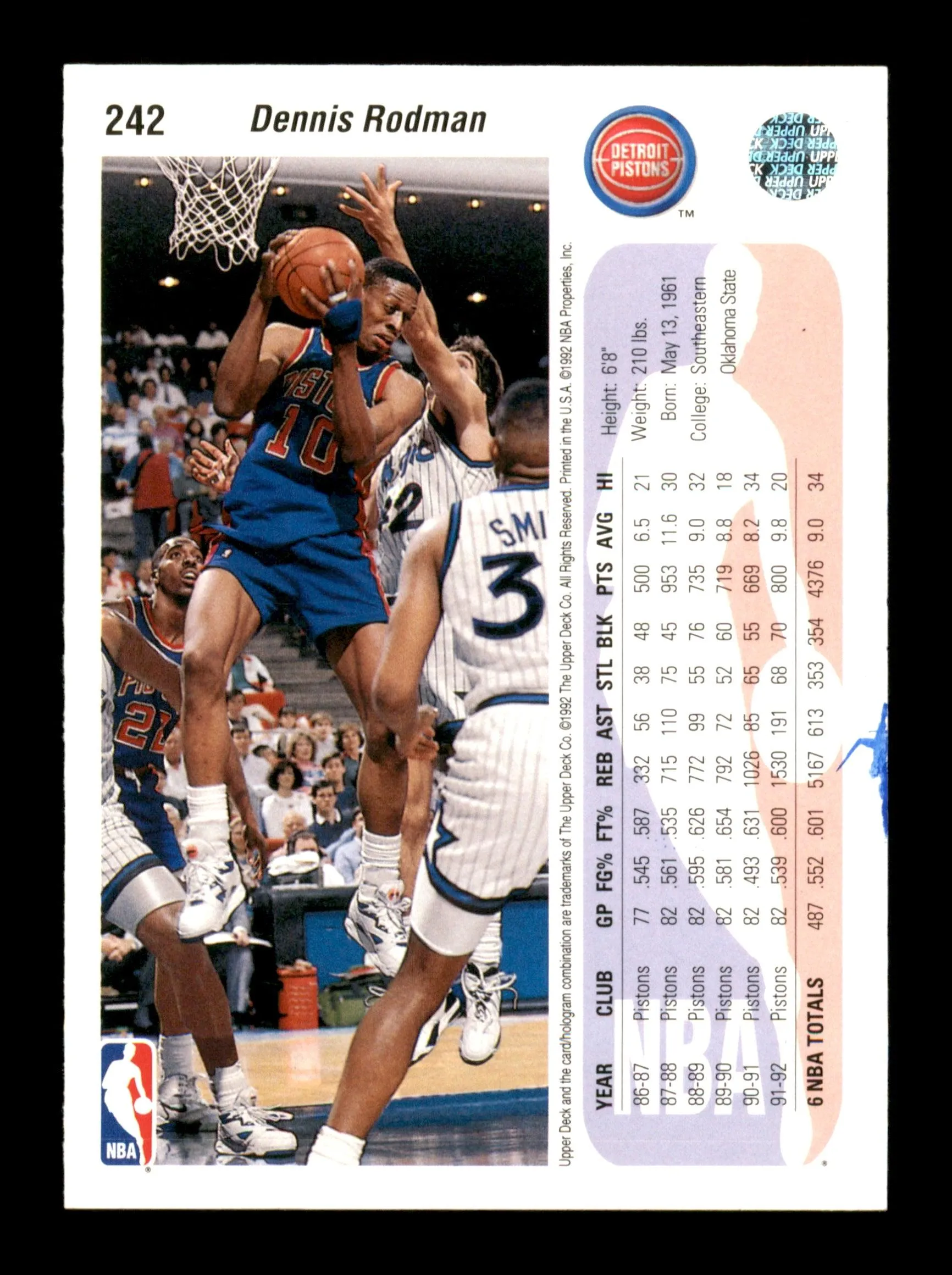 Dennis Rodman Autographed 1992-93 Upper Deck Card #242 Detroit Pistons SKU #190489