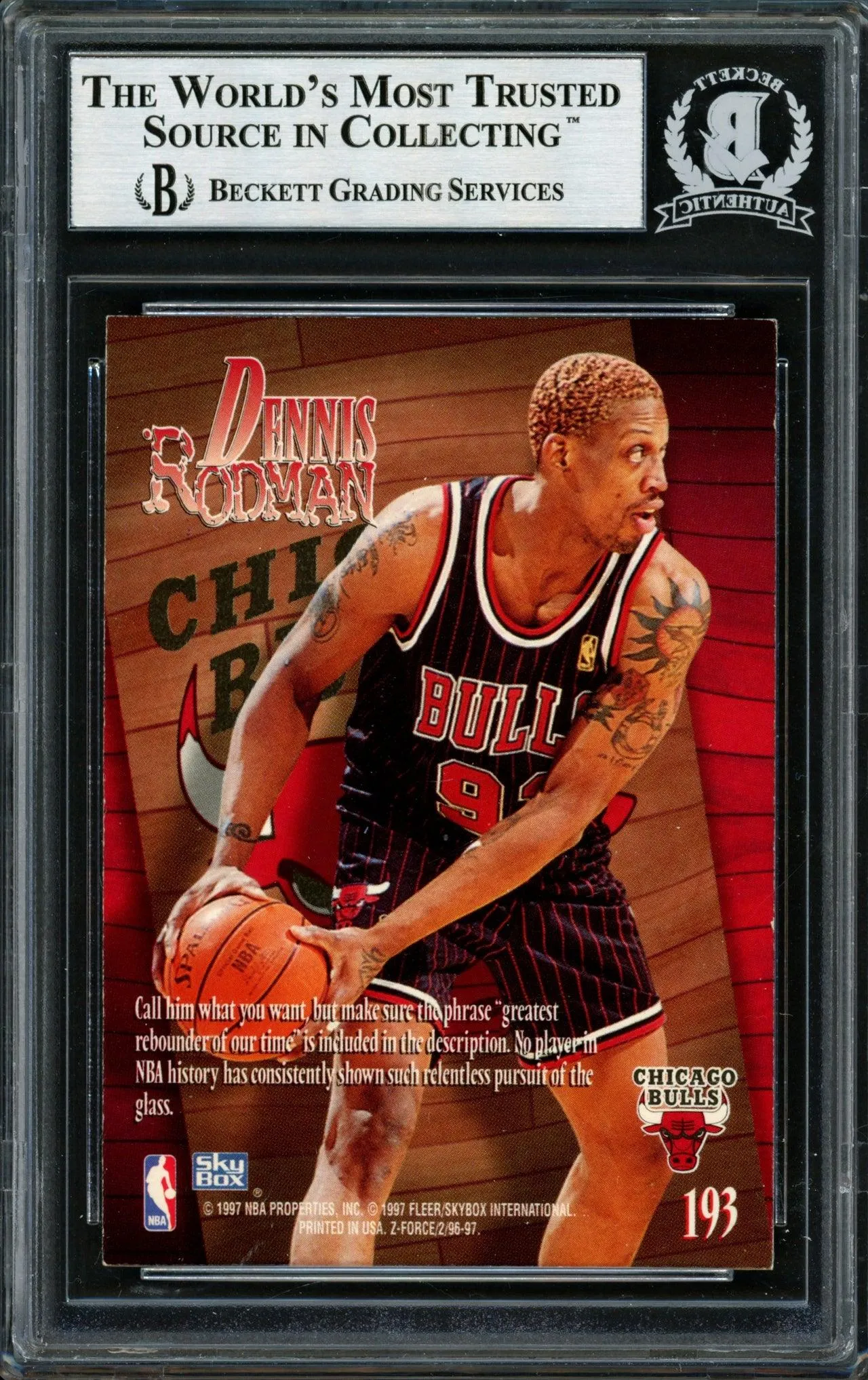 Dennis Rodman Autographed 1996-97 Skybox Z Force Card #193 Chicago Bulls Beckett BAS #12517086