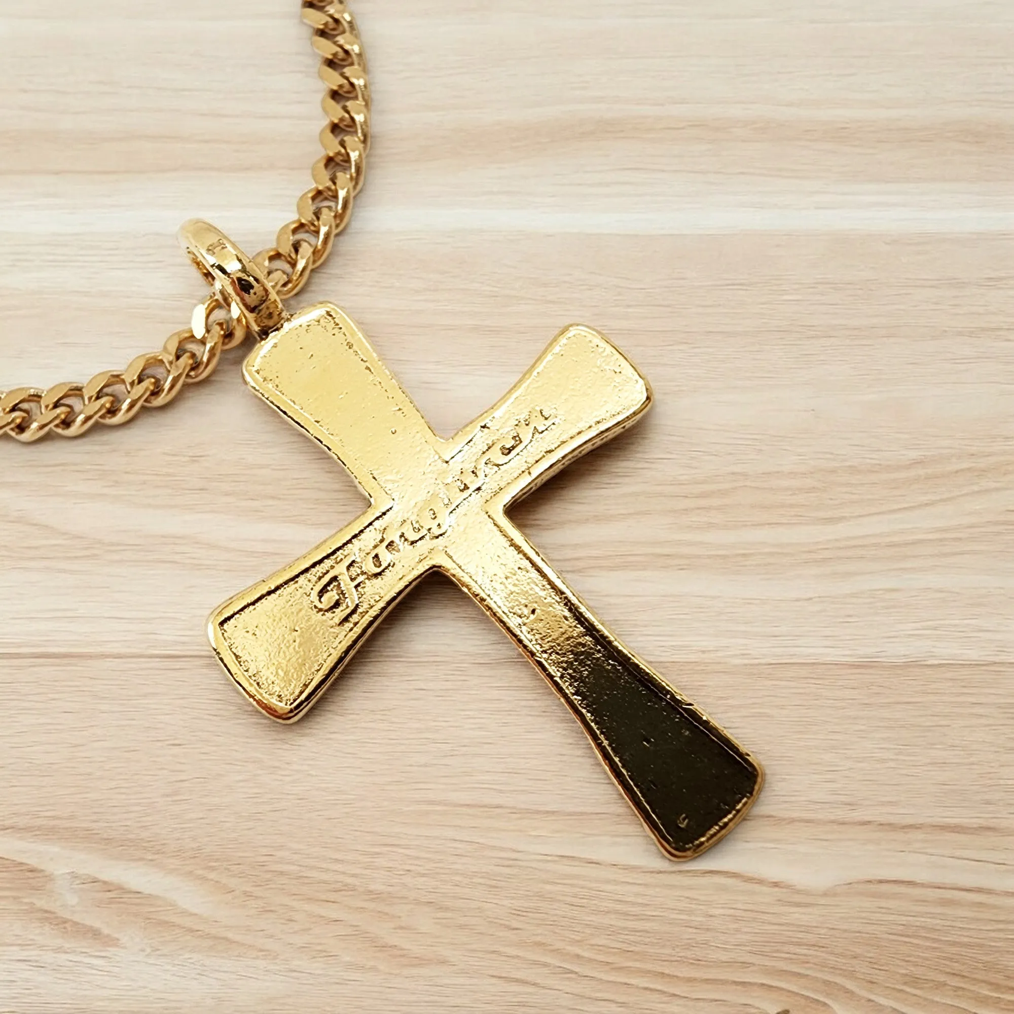 Forgiven Cross Gold Metal Finish Gold Curb Chain Necklace