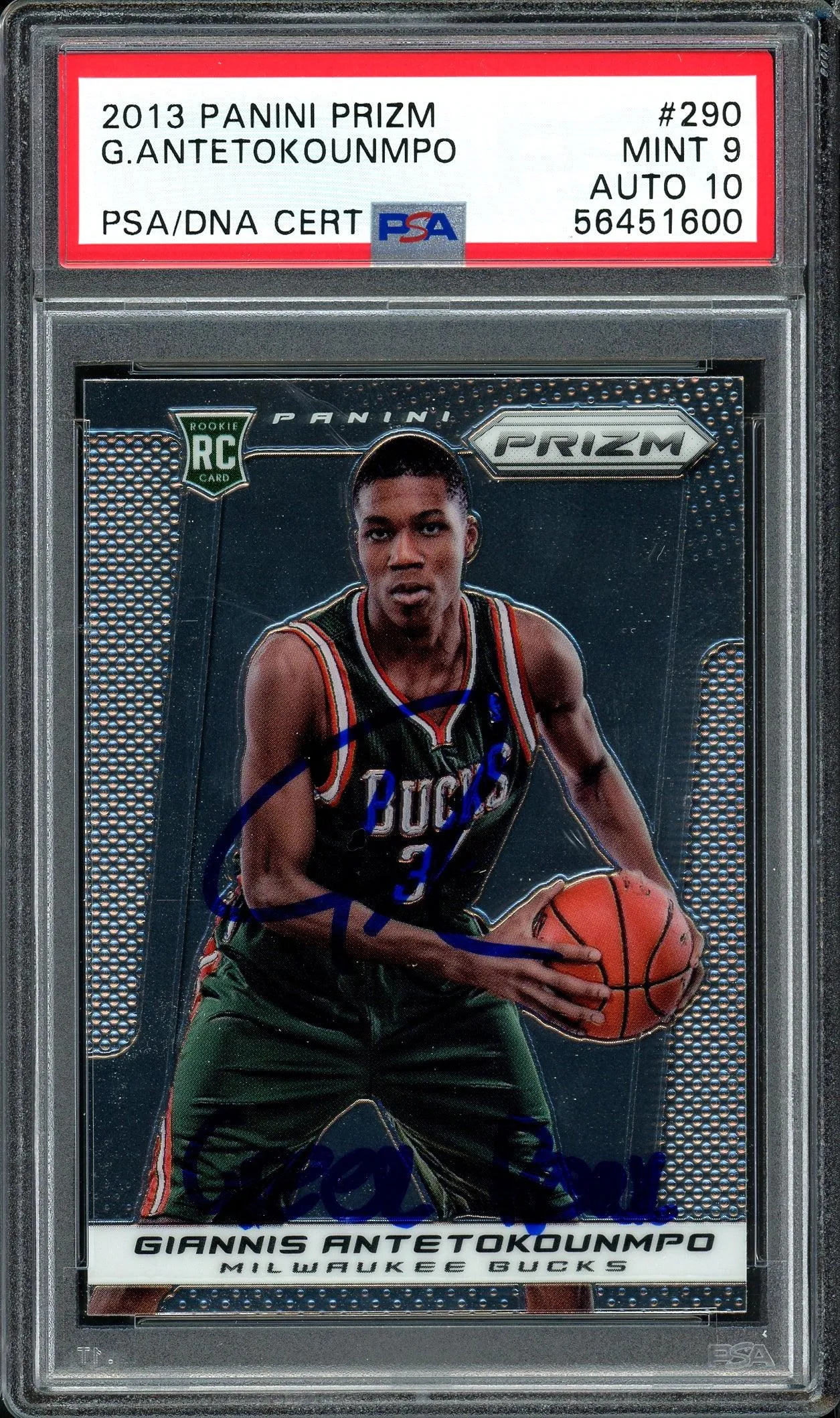 Giannis Antetokounmpo Autographed 2013 Panini Prizm Rookie Card #290 Milwaukee Bucks PSA 9 Auto Grade Gem Mint 10 "Greek Freak" PSA/DNA #56451600