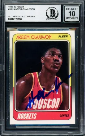 Hakeem Olajuwon Autographed 1988-89 Fleer Card #53 Houston Rockets Auto Grade Gem Mint 10 Beckett BAS Stock #205736