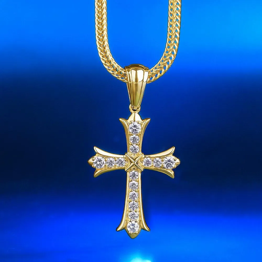 Iced Iris Cross Pendant 14K Gold Plated