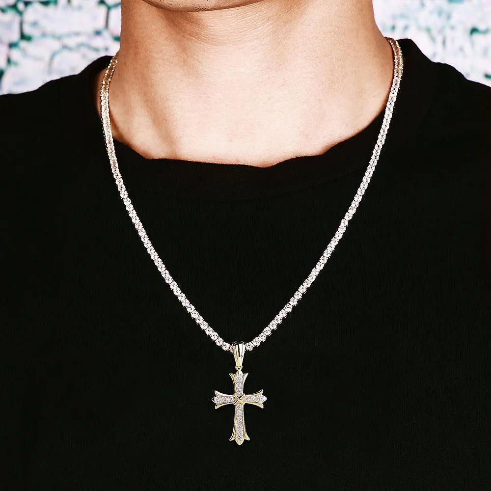 Iced Iris Cross Pendant 14K Gold Plated