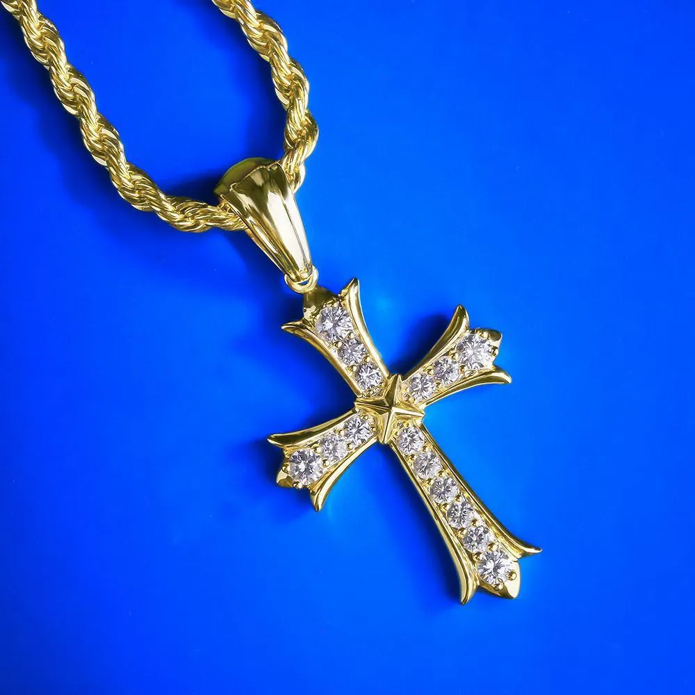 Iced Iris Cross Pendant 14K Gold Plated