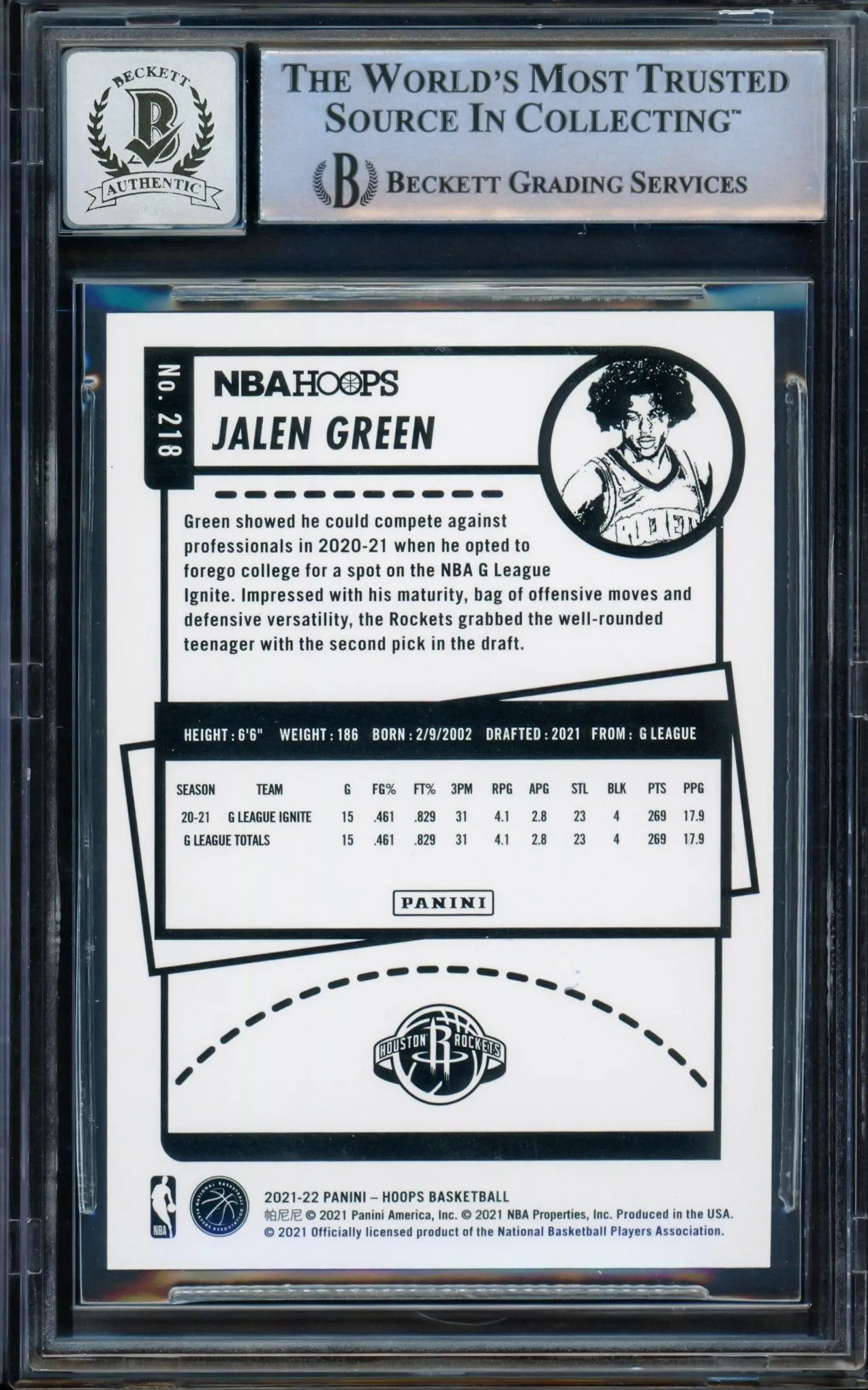 Jalen Green Autographed 2021-22 NBA Hoops Silver Rookie Card #218 Houston Rockets Auto Grade Gem Mint 10 #124/199 Beckett BAS #14235656