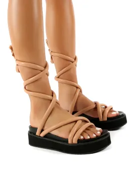 Jolly Nude Drench PU Weaved Ankle Strap Detail Chunky Sandals