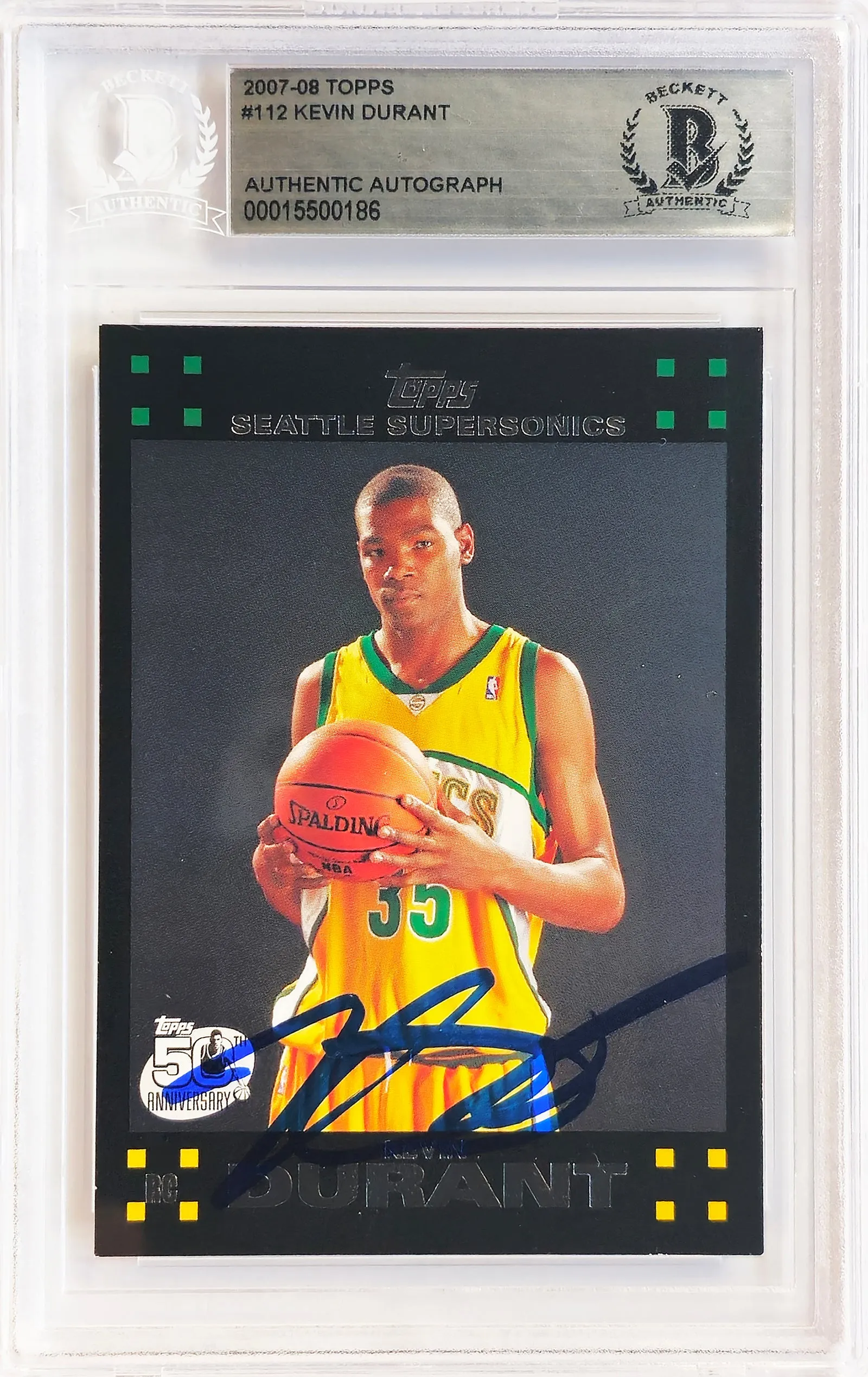 Kevin Durant Autographed 2007-08 Topps Rookie Card #112 Seattle Sonics On Card Beckett BAS #15500186