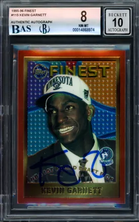 Kevin Garnett Autographed 1995-96 Topps Finest Rookie Card #115 Minnesota Timberwolves BGS 8 Auto Grade Gem Mint 10 Beckett BAS #14868974