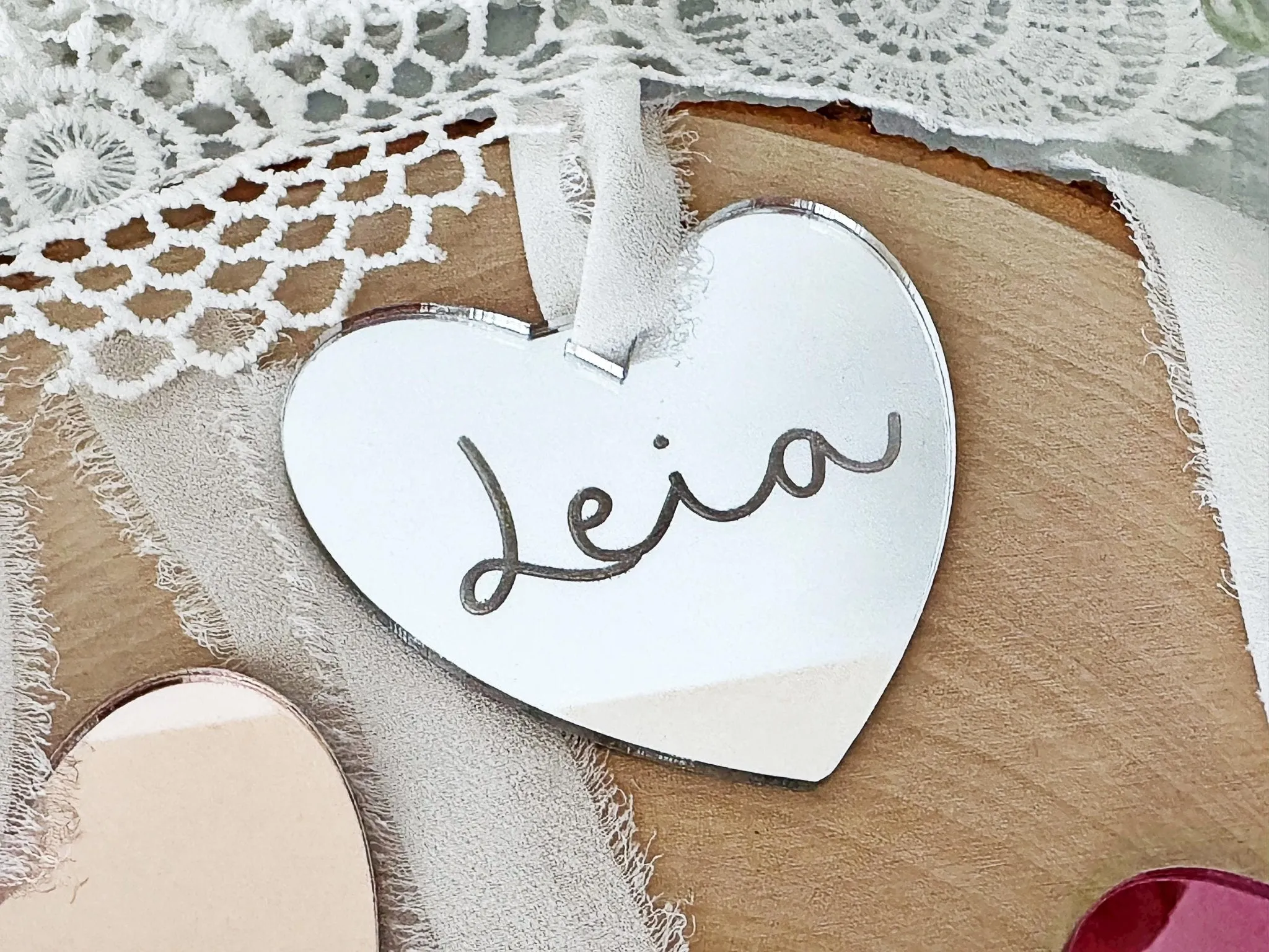 Personalized Heart Name Tag, Valentines Day Ornament, Mirror Heart Gift Bag Tag