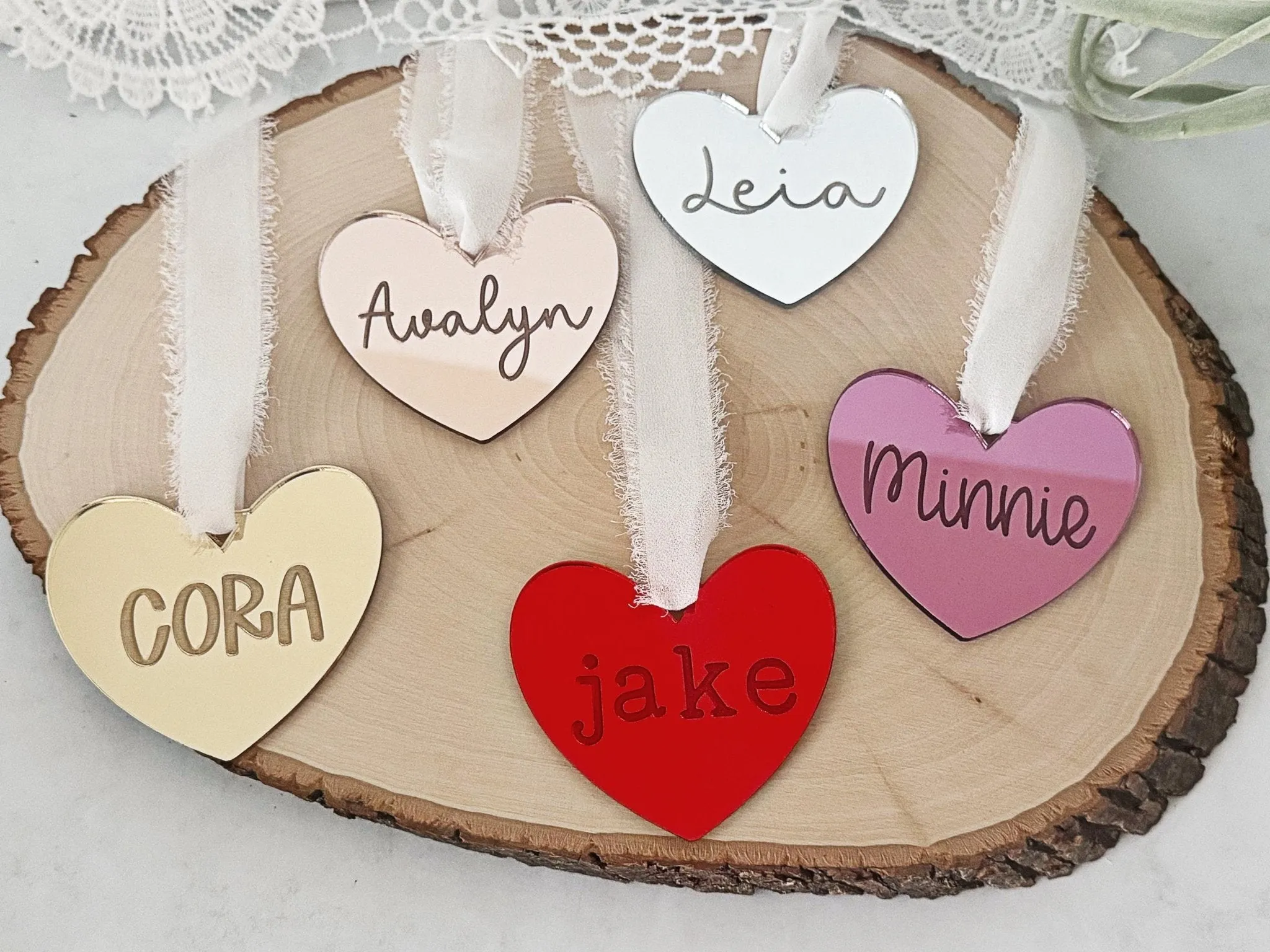 Personalized Heart Name Tag, Valentines Day Ornament, Mirror Heart Gift Bag Tag