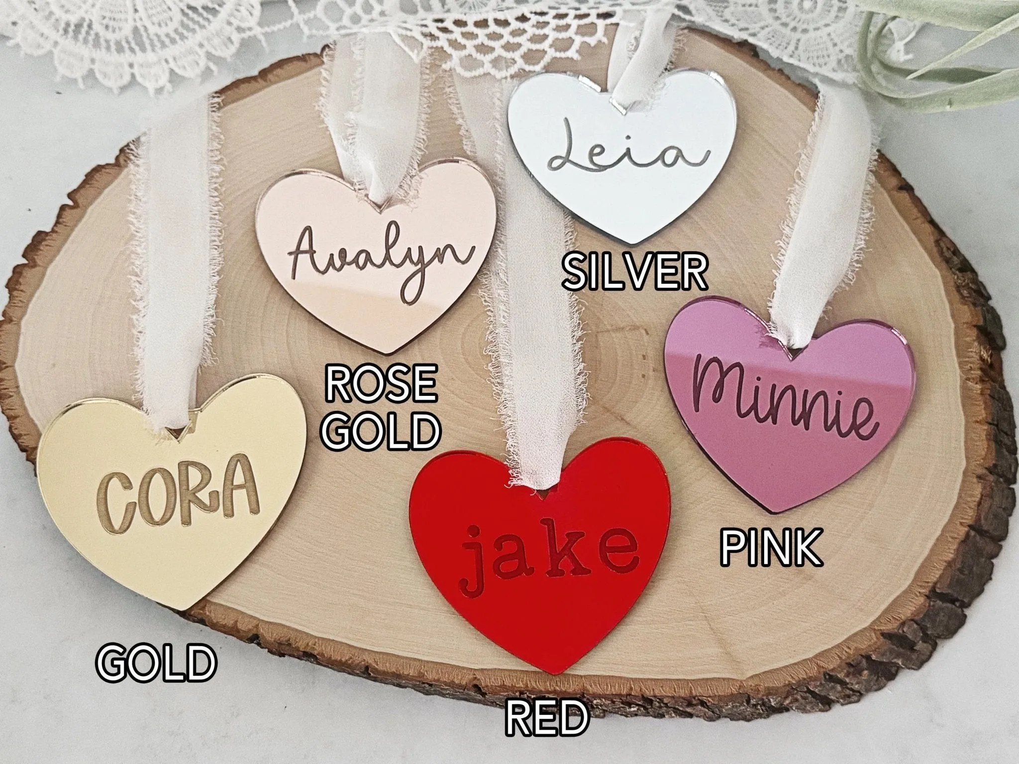 Personalized Heart Name Tag, Valentines Day Ornament, Mirror Heart Gift Bag Tag