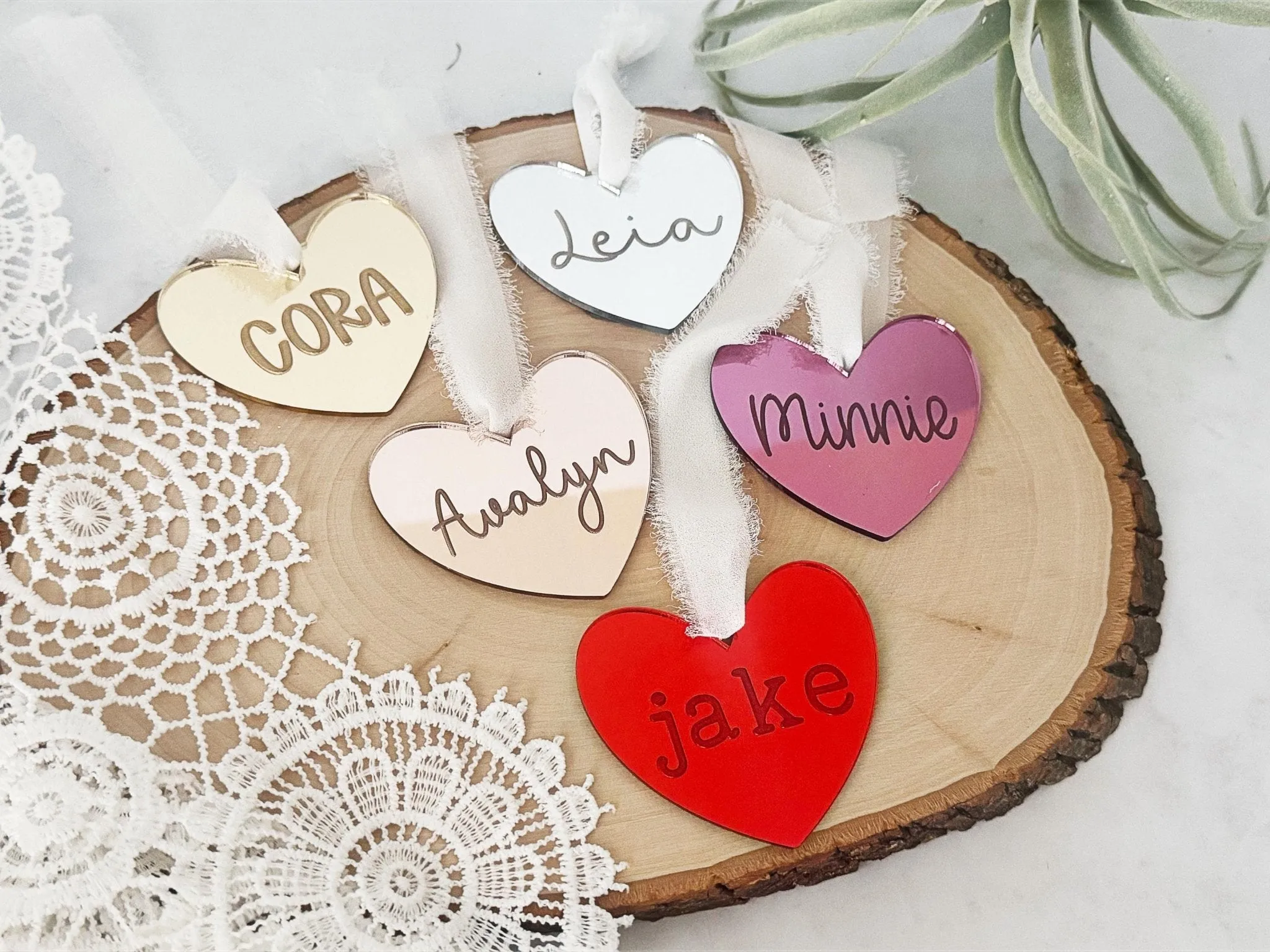 Personalized Heart Name Tag, Valentines Day Ornament, Mirror Heart Gift Bag Tag