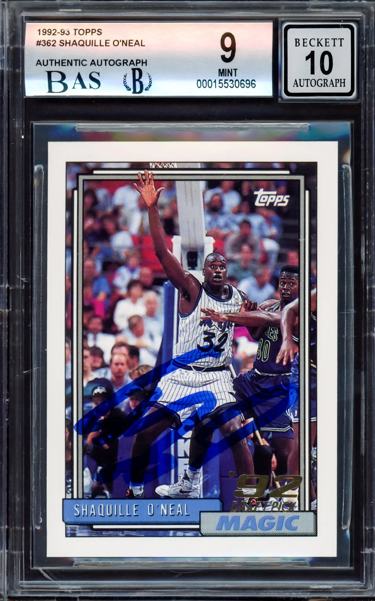 Shaquille "Shaq" O'Neal Autographed 1992-93 Topps Rookie Card #362 Orlando Magic BGS 9 Auto Grade Gem Mint 10 Beckett BAS Stock #214851