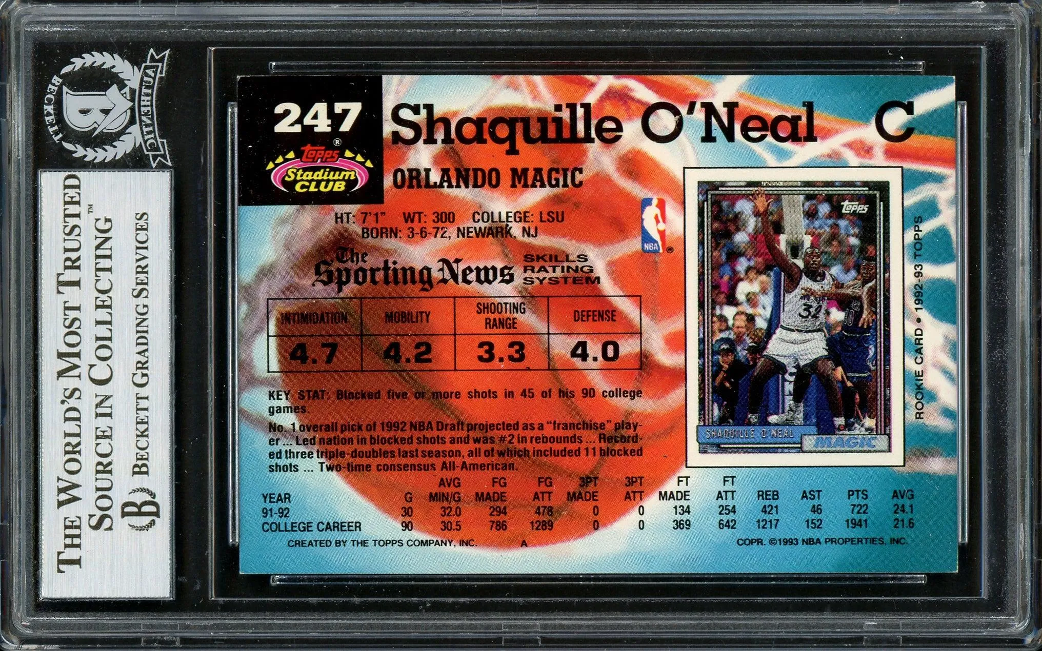 Shaquille Shaq O'Neal Autographed 1992-93 Stadium Club Rookie Card #247 Orlando Magic Beckett BAS #13020281