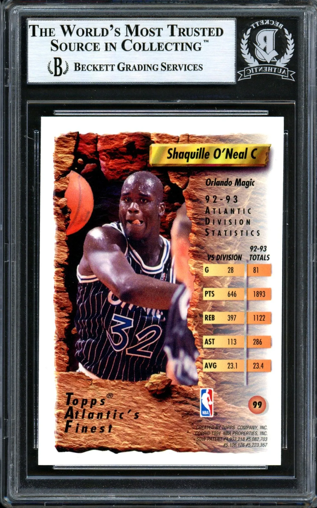 Shaquille Shaq O'Neal Autographed 1993-94 Topps Finest Card #99 Orlando Magic Beckett BAS #13446979