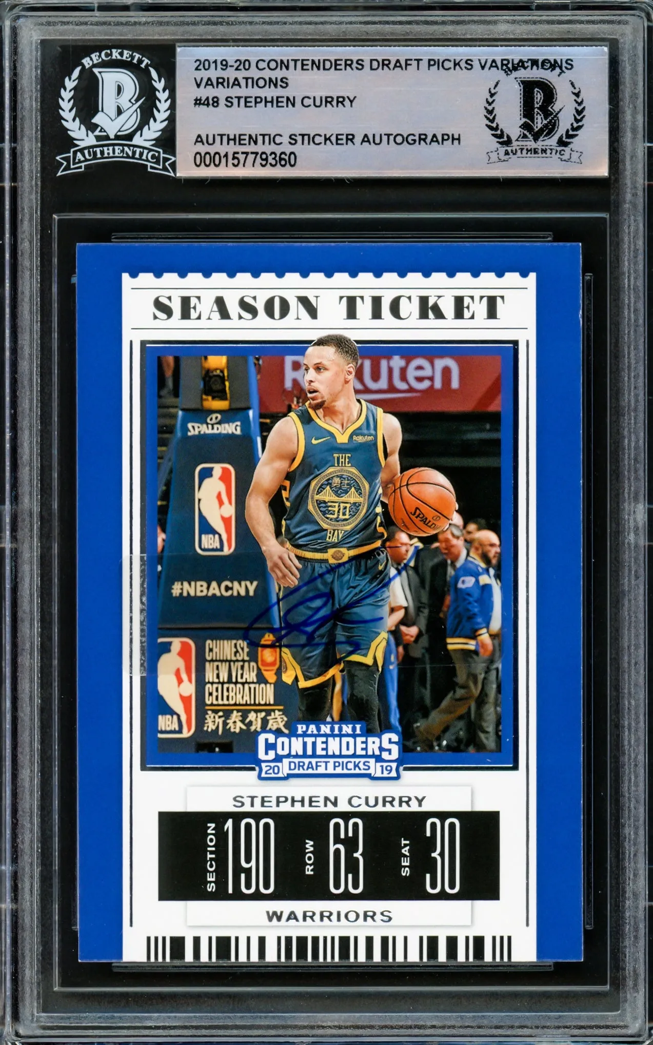 Stephen Curry Autographed 2019-20 Panini Contenders Draft Picks Variations Card #48 Golden State Warriors Blue Beckett BAS Stock #216850