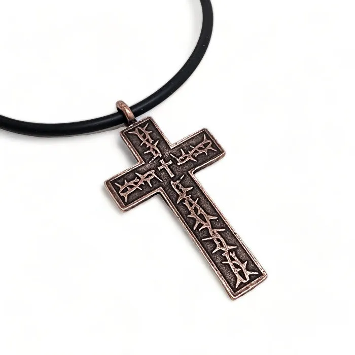 Thorns Cross Antique Copper Finish Pendant Black Cord Necklace