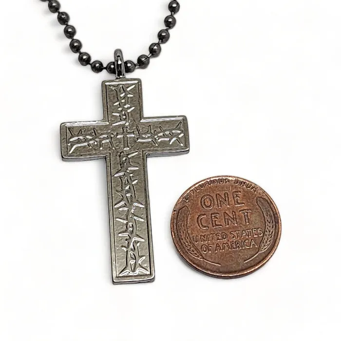 Thorns Cross Dark Metal Finish Pendant Dark Ball Chain Necklace