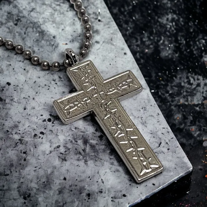 Thorns Cross Dark Metal Finish Pendant Dark Ball Chain Necklace