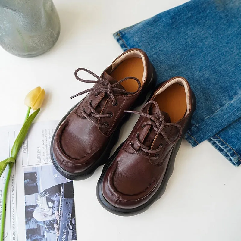 Women's Handmade Genuine Leather Chunky Platforms Flatforms in Black/Coffee