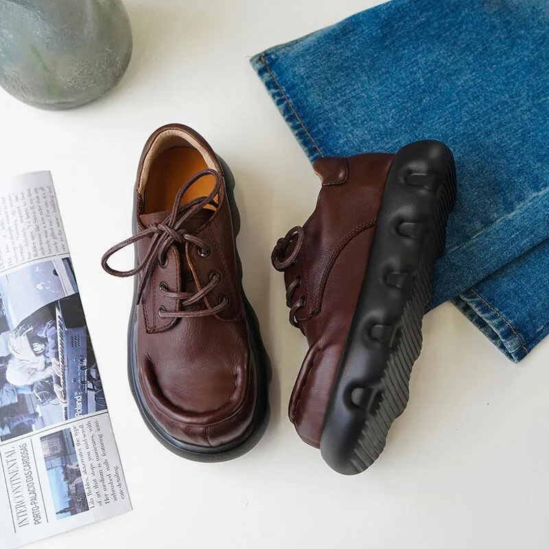 Women's Handmade Genuine Leather Chunky Platforms Flatforms in Black/Coffee